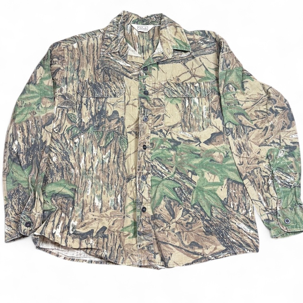 Walls Realtree Camo Button Down Shirt Mens Distressed‎ Hunting Workwear L/S